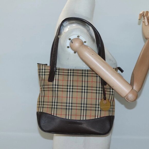BURBERRY Nova Check Tote Bag Canvas Leather Beige Gold Auth - Picture 1 of 16